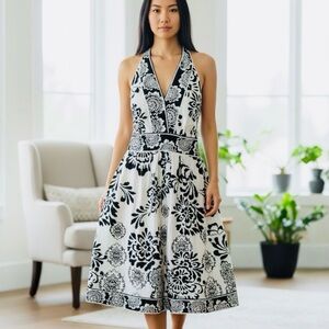 White House Black Market Silk Halter Dress | Black & White Floral | Size 0